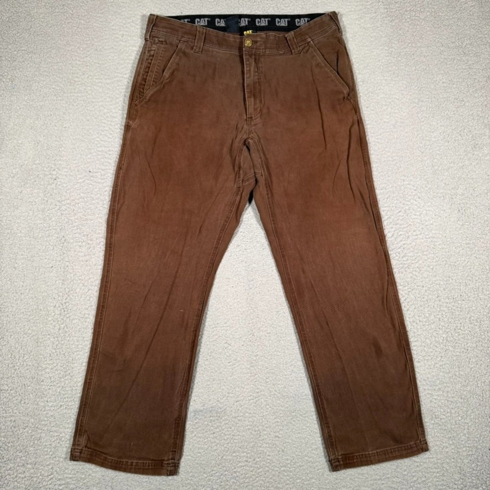 CAT Pants Mens 34x29 Brown Casual Relaxed Fit Canvas Workwear Preppy Logo